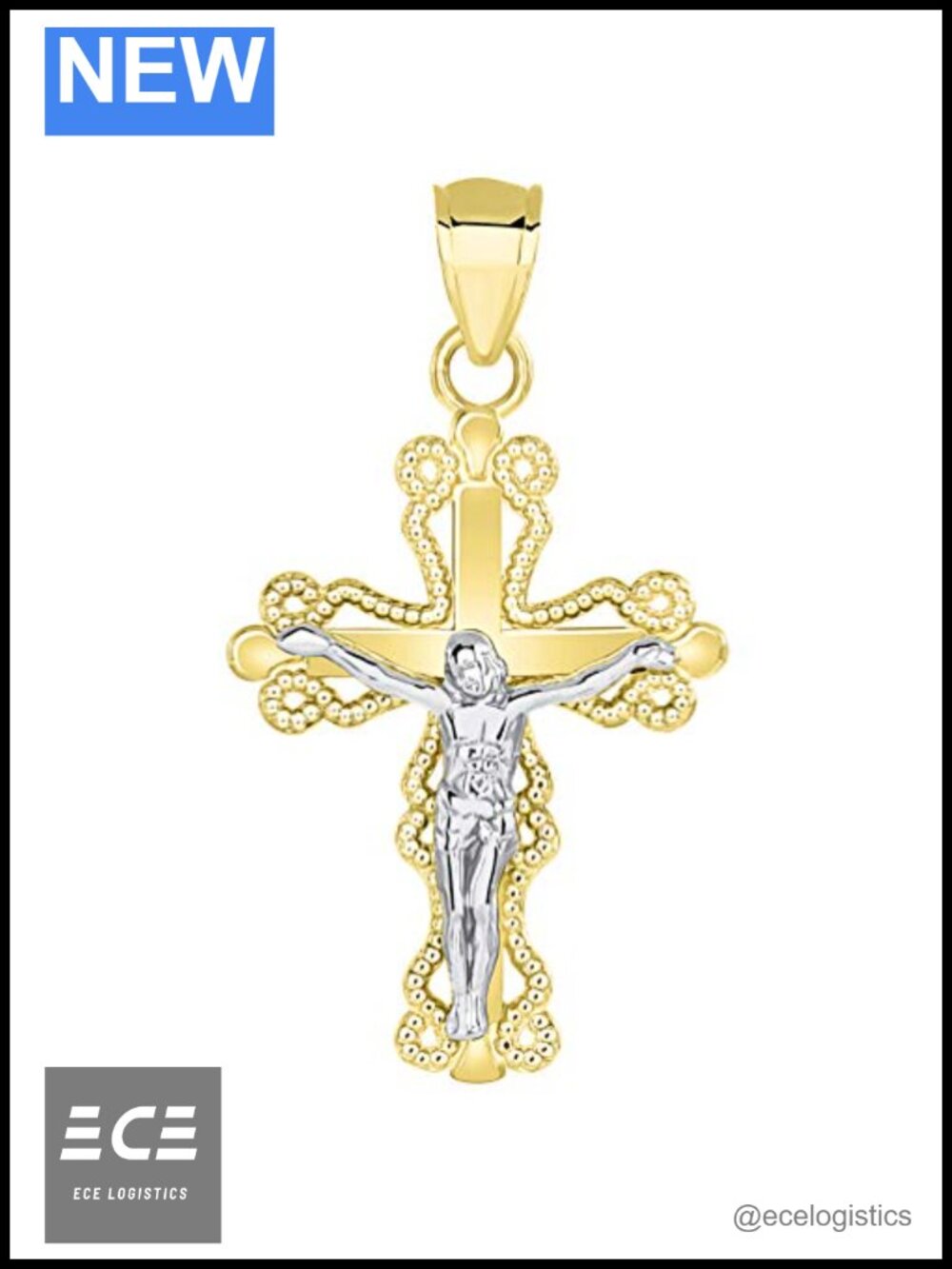 14k Two Tone Gold Milgrain Cross Crucifix Pendant Necklace 1in